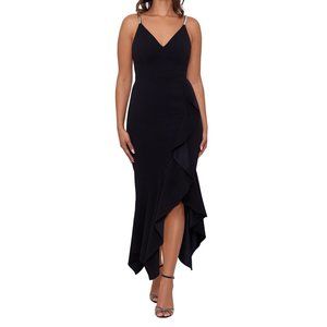 XSCAPE Rebecca Midi Scuba Crepe Rhinestone Spaghetti Strap Dress Sz 10 Flaw 0059